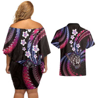 Hawaii Shaka Sign Couples Matching Off Shoulder Short Dress and Hawaiian Shirt Fantastic Frangipani Sweet Vibes