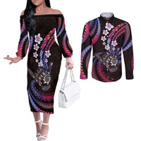 Hawaii Shaka Sign Couples Matching Off The Shoulder Long Sleeve Dress and Long Sleeve Button Shirt Fantastic Frangipani Sweet Vibes