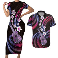 Hawaiian Ukulele Couples Matching Short Sleeve Bodycon Dress and Hawaiian Shirt Sweet Dream Fantastic Plumeria