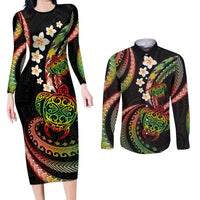 Hawaii Turtles Plumeria Couples Matching Long Sleeve Bodycon Dress and Long Sleeve Button Shirt Reggae Polynesian Pattern LT01 Reggae - Polynesian Pride