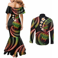 Hawaii Turtles Plumeria Couples Matching Mermaid Dress and Long Sleeve Button Shirt Reggae Polynesian Pattern LT01 - Polynesian Pride