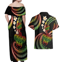 Hawaii Turtles Plumeria Couples Matching Off Shoulder Maxi Dress and Hawaiian Shirt Reggae Polynesian Pattern LT01 - Polynesian Pride