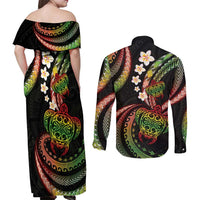 Hawaii Turtles Plumeria Couples Matching Off Shoulder Maxi Dress and Long Sleeve Button Shirt Reggae Polynesian Pattern LT01 - Polynesian Pride