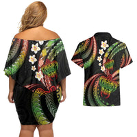 Hawaii Turtles Plumeria Couples Matching Off Shoulder Short Dress and Hawaiian Shirt Reggae Polynesian Pattern LT01 - Polynesian Pride