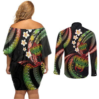 Hawaii Turtles Plumeria Couples Matching Off Shoulder Short Dress and Long Sleeve Button Shirt Reggae Polynesian Pattern LT01 - Polynesian Pride