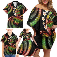 Hawaii Turtles Plumeria Family Matching Off Shoulder Short Dress and Hawaiian Shirt Reggae Polynesian Pattern
