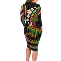 Hawaii Turtles Plumeria Long Sleeve Bodycon Dress Reggae Polynesian Pattern