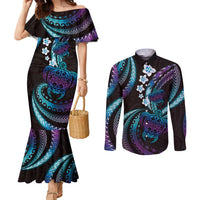Hawaii Turtles Plumeria Couples Matching Mermaid Dress and Long Sleeve Button Shirt Amethyst Gradient Polynesian Pattern LT01 Purple - Polynesian Pride