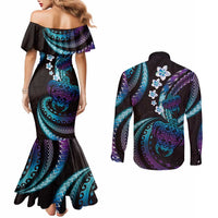Hawaii Turtles Plumeria Couples Matching Mermaid Dress and Long Sleeve Button Shirt Amethyst Gradient Polynesian Pattern LT01 - Polynesian Pride