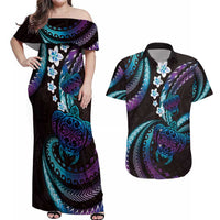 Hawaii Turtles Plumeria Couples Matching Off Shoulder Maxi Dress and Hawaiian Shirt Amethyst Gradient Polynesian Pattern LT01 Purple - Polynesian Pride