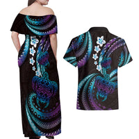 Hawaii Turtles Plumeria Couples Matching Off Shoulder Maxi Dress and Hawaiian Shirt Amethyst Gradient Polynesian Pattern LT01 - Polynesian Pride