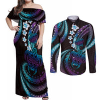 Hawaii Turtles Plumeria Couples Matching Off Shoulder Maxi Dress and Long Sleeve Button Shirt Amethyst Gradient Polynesian Pattern LT01 Purple - Polynesian Pride