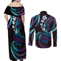 Hawaii Turtles Plumeria Couples Matching Off Shoulder Maxi Dress and Long Sleeve Button Shirt Amethyst Gradient Polynesian Pattern LT01 - Polynesian Pride