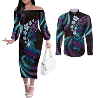 Hawaii Turtles Plumeria Couples Matching Off The Shoulder Long Sleeve Dress and Long Sleeve Button Shirt Amethyst Gradient Polynesian Pattern LT01 Purple - Polynesian Pride