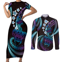 Hawaii Turtles Plumeria Couples Matching Short Sleeve Bodycon Dress and Long Sleeve Button Shirt Amethyst Gradient Polynesian Pattern LT01 Purple - Polynesian Pride