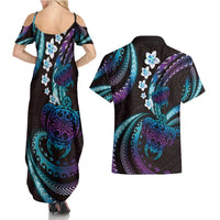 Hawaii Turtles Plumeria Couples Matching Summer Maxi Dress and Hawaiian Shirt Amethyst Gradient Polynesian Pattern LT01 - Polynesian Pride