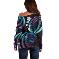 Hawaii Turtles Plumeria Off Shoulder Sweater Amethyst Gradient Polynesian Pattern