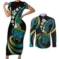 Hawaii Turtles Plumeria Couples Matching Short Sleeve Bodycon Dress and Long Sleeve Button Shirt Chartreuse Cyan Polynesian Pattern LT01 Cyan - Polynesian Pride