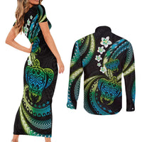 Hawaii Turtles Plumeria Couples Matching Short Sleeve Bodycon Dress and Long Sleeve Button Shirt Chartreuse Cyan Polynesian Pattern LT01 - Polynesian Pride