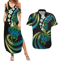 Hawaii Turtles Plumeria Couples Matching Summer Maxi Dress and Hawaiian Shirt Chartreuse Cyan Polynesian Pattern LT01 Cyan - Polynesian Pride