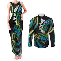 Hawaii Turtles Plumeria Couples Matching Tank Maxi Dress and Long Sleeve Button Shirt Chartreuse Cyan Polynesian Pattern LT01 Cyan - Polynesian Pride