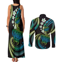 Hawaii Turtles Plumeria Couples Matching Tank Maxi Dress and Long Sleeve Button Shirt Chartreuse Cyan Polynesian Pattern LT01 - Polynesian Pride