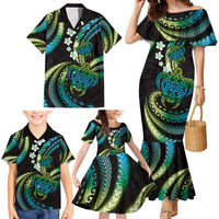 Hawaii Turtles Plumeria Family Matching Mermaid Dress and Hawaiian Shirt Chartreuse Cyan Polynesian Pattern