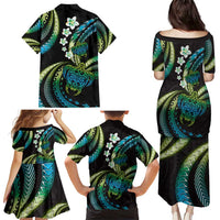 Hawaii Turtles Plumeria Family Matching Puletasi and Hawaiian Shirt Chartreuse Cyan Polynesian Pattern