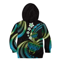 Hawaii Turtles Plumeria Kid Hoodie Chartreuse Cyan Polynesian Pattern