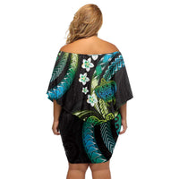 Hawaii Turtles Plumeria Off Shoulder Short Dress Chartreuse Cyan Polynesian Pattern