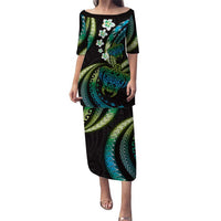 Hawaii Turtles Plumeria Puletasi Chartreuse Cyan Polynesian Pattern LT01 Long Dress Cyan - Polynesian Pride