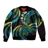 Hawaii Turtles Plumeria Sleeve Zip Bomber Jacket Chartreuse Cyan Polynesian Pattern