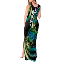 Hawaii Turtles Plumeria Tank Maxi Dress Chartreuse Cyan Polynesian Pattern LT01 - Polynesian Pride