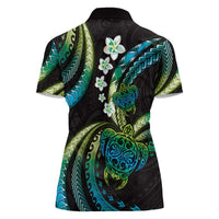 Hawaii Turtles Plumeria Women Polo Shirt Chartreuse Cyan Polynesian Pattern