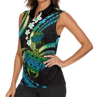 Hawaii Turtles Plumeria Women Sleeveless Polo Shirt Chartreuse Cyan Polynesian Pattern