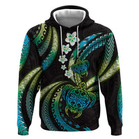 Hawaii Turtles Plumeria Zip Hoodie Chartreuse Cyan Polynesian Pattern