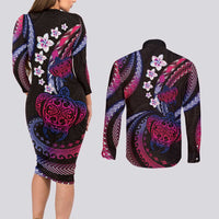 Hawaii Turtles Plumeria Couples Matching Long Sleeve Bodycon Dress and Long Sleeve Button Shirt Sweet Gradient Polynesian Pattern LT01 - Polynesian Pride