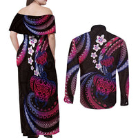 Hawaii Turtles Plumeria Couples Matching Off Shoulder Maxi Dress and Long Sleeve Button Shirt Sweet Gradient Polynesian Pattern LT01 - Polynesian Pride