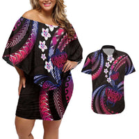 Hawaii Turtles Plumeria Couples Matching Off Shoulder Short Dress and Hawaiian Shirt Sweet Gradient Polynesian Pattern LT01 Pink - Polynesian Pride