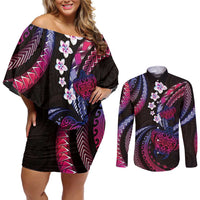 Hawaii Turtles Plumeria Couples Matching Off Shoulder Short Dress and Long Sleeve Button Shirt Sweet Gradient Polynesian Pattern LT01 Pink - Polynesian Pride