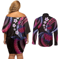 Hawaii Turtles Plumeria Couples Matching Off Shoulder Short Dress and Long Sleeve Button Shirt Sweet Gradient Polynesian Pattern LT01 - Polynesian Pride