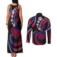 Hawaii Turtles Plumeria Couples Matching Tank Maxi Dress and Long Sleeve Button Shirt Sweet Gradient Polynesian Pattern LT01 - Polynesian Pride