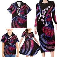 Hawaii Turtles Plumeria Family Matching Long Sleeve Bodycon Dress and Hawaiian Shirt Sweet Gradient Polynesian Pattern