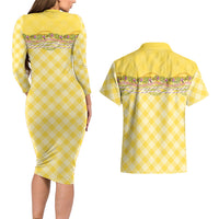 Hawaii Palaka Pikake Lokelani Plumeria Couples Matching Long Sleeve Bodycon Dress and Hawaiian Shirt Melemele Coquette Bow