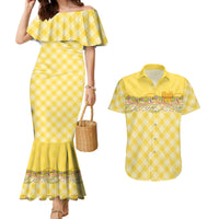 Hawaii Palaka Pikake Lokelani Plumeria Couples Matching Mermaid Dress and Hawaiian Shirt Melemele Coquette Bow