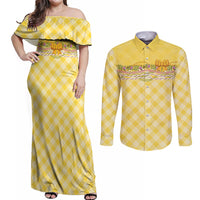 Hawaii Palaka Pikake Lokelani Plumeria Couples Matching Off Shoulder Maxi Dress and Long Sleeve Button Shirt Melemele Coquette Bow