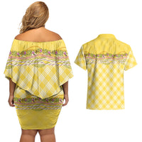 Hawaii Palaka Pikake Lokelani Plumeria Couples Matching Off Shoulder Short Dress and Hawaiian Shirt Melemele Coquette Bow