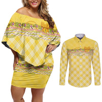 Hawaii Palaka Pikake Lokelani Plumeria Couples Matching Off Shoulder Short Dress and Long Sleeve Button Shirt Melemele Coquette Bow