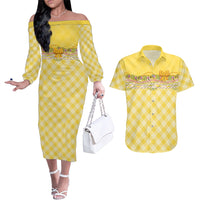 Hawaii Palaka Pikake Lokelani Plumeria Couples Matching Off The Shoulder Long Sleeve Dress and Hawaiian Shirt Melemele Coquette Bow