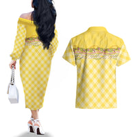 Hawaii Palaka Pikake Lokelani Plumeria Couples Matching Off The Shoulder Long Sleeve Dress and Hawaiian Shirt Melemele Coquette Bow